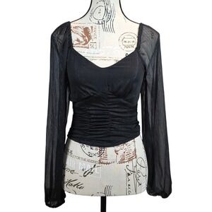 SO Sheer Mesh Ruched Long Sleeve Black Evening Party Top Womens XS